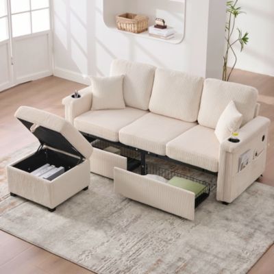 Canapés 3 Places - Canapé Convertible avec Rangement et LED, Porte-Gobelet, Assise et Dossier en Mousse, Velours Côtelé Beige