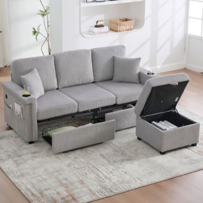 Canapés 3 Places - Canapé Convertible avec Rangement et LED, Porte-Gobelet, Assise et Dossier en Mousse, Velours Côtelé Gris Clair