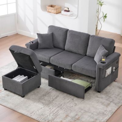 Canapés 3 Places - Canapé Convertible avec Rangement et LED, Porte-Gobelet, Assise et Dossier en Mousse, Velours Côtelé Gris Foncé