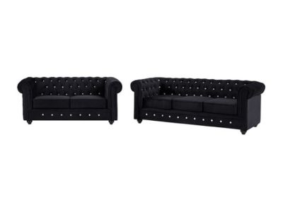 Canapés 3 places et 2 places en velours noir et boutons effet cristal CHESTERFIELD