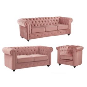 Canapés 3 places et 2 places et fauteuil en velours rose pastel CHESTERFIELD