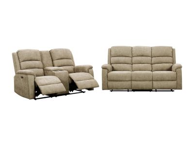 Canapés 3 places et 2 places relax électrique en tissu taupe avec tablette NEVERS