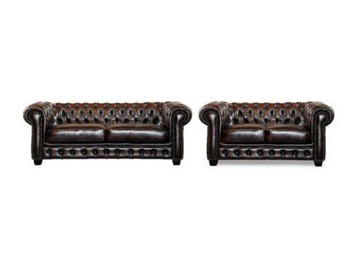 Canapés chesterfield 3 places et 2 places BRENTON 100% cuir de buffle - Marron reflets châtains