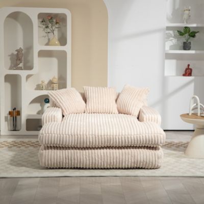 Canapés Lits Convertibles 1 Place avec 3 Coussins et design Relax - Mousse Haute densité, Tissu Corde, 125x155x63 cm - Beige