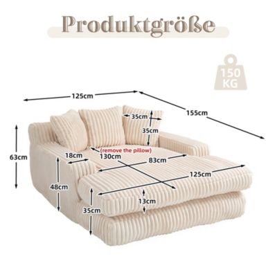 Canapés Lits Convertibles 1 Place avec 3 Coussins et design Relax - Mousse Haute densité, Tissu Corde, 125x155x63 cm - Beige