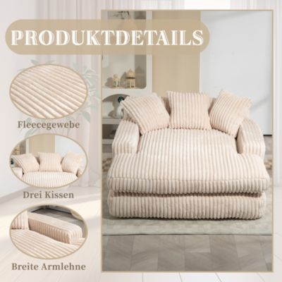 Canapés Lits Convertibles 1 Place avec 3 Coussins et design Relax - Mousse Haute densité, Tissu Corde, 125x155x63 cm - Beige