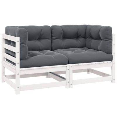 Canapé,Salon de jardin,Sofa d'extérieur 2 places de jardin et coussins Blanc Bois de pin massif