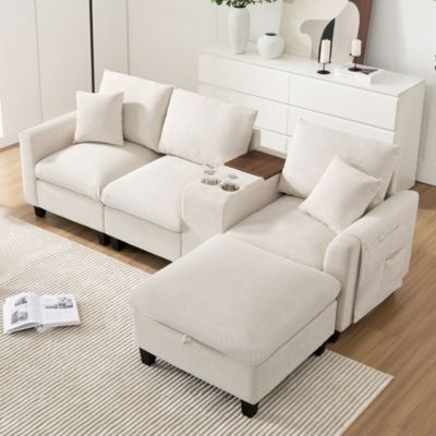 Canapé Velours Côtelé Moderne avec Rangement Accoudoir et Port USB, Coussins Inclus, Confortable pour Salon, Beige