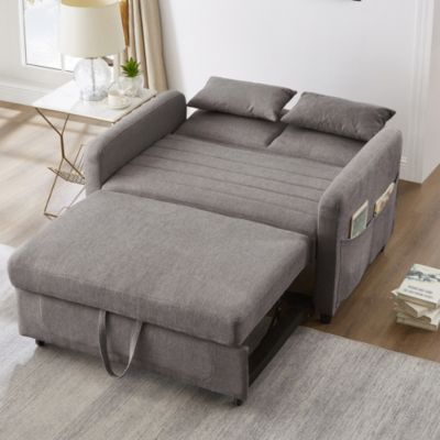 Canape 2 places convertible avec dossier 3 positions en tissu coton lin gris, gain de place contemporain