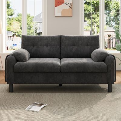 Canape 2 places gris en chenille avec coussins epais confortable cosy design scandinave pour salon chambre ou petit appartement