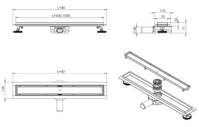 Caniveau de douche à l'italienne Acier inox à carreler avec Siphon, Drain de cabine Filtre anti-odeurs, FlexGT01-3, 60cm