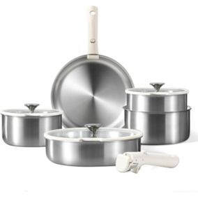 CAROTE 10 x Stainless Steel Induction Cookware Set, 18/20/22 cm Induction Saucepans, 26 cm Frying Pan, 26 cm Saute Pan, Removable