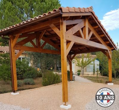 Carport 2 Pentes Faitage Décalé 500cmx400cm, Bois DOUGLAS Français (Charpente en bois-auvent-abri voiture). Garantie 10 ans