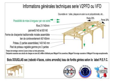 Carport 2 Pentes Faitage Décalé 500cmx400cm, Bois DOUGLAS Français (Charpente en bois-auvent-abri voiture). Garantie 10 ans