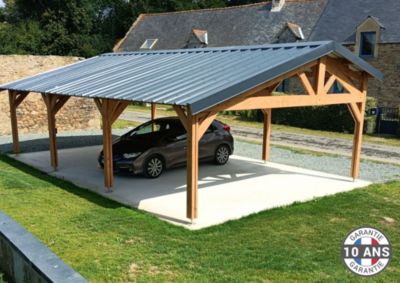Carport 2 pentes faitage décalé, 500cmx800cm, bois DOUGLAS Français  (Charpente en bois-auvent-abri voiture) 40 m².Garantie 10 ans