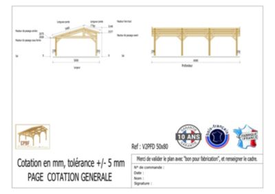 Carport 2 pentes faitage décalé, 500cmx800cm, bois DOUGLAS Français  (Charpente en bois-auvent-abri voiture) 40 m².Garantie 10 ans