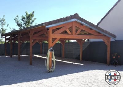 Carport 2 pentes faitage décalé 650cmx1150cm, Bois DOUGLAS Français  (Charpente en bois-auvent-abri voiture)74m².Garantie 10 ans