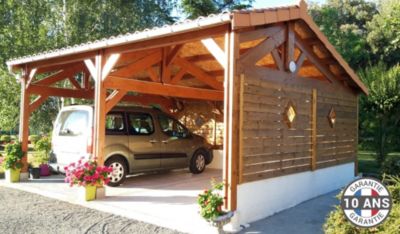 Carport 2 pentes faitage décalé, 650cmx600cm, bois DOUGLAS Français  (Charpente en bois-auvent-abri voiture)39 m². Garantie 10 ans