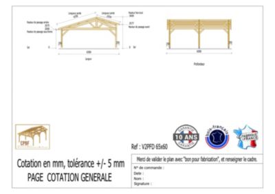 Carport 2 pentes faitage décalé, 650cmx600cm, bois DOUGLAS Français  (Charpente en bois-auvent-abri voiture)39 m². Garantie 10 ans