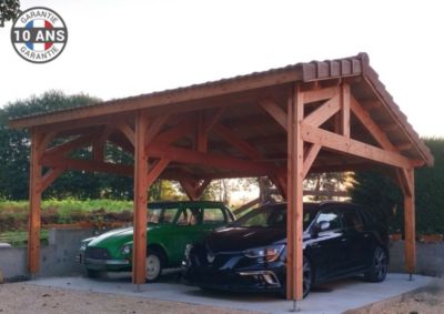 Carport 2 pentes faitage décalé, 650cmx600cm, bois DOUGLAS Français  (Charpente en bois-auvent-abri voiture)39 m². Garantie 10 ans