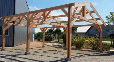 Carport 2 pentes faitage décalé, 650cmx600cm, bois DOUGLAS Français  (Charpente en bois-auvent-abri voiture)39 m². Garantie 10 ans