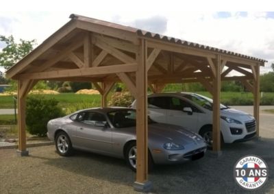 Carport 2 pentes faitage décalé 650cmx700cm, Bois DOUGLAS Français  (Charpente en bois-auvent-abri voiture) 45 m².Garantie 10 ans