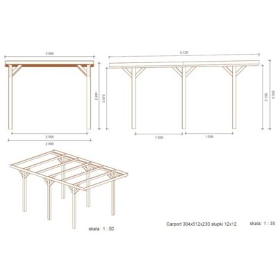 Carport, abri de voiture  3.04x5.12 m - 15.56 m2 - CAR10