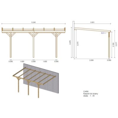 Carport, abri de voiture  3x5.24 m - 15 m2 - adossé  - CAR6