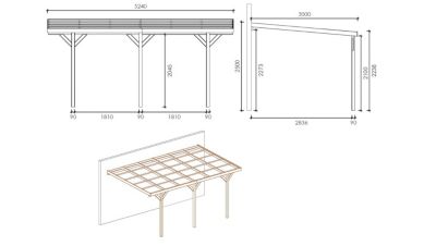 Carport, abri de voiture  3x5,24 m - 15 m2 - couverture PVC  - CAR7-2PVCTR