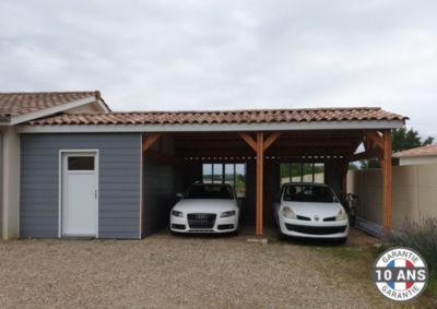 Carport adossé deux pentes 450cmx450cm bois DOUGLAS Français (Charpente en bois-auvent-abri voiture) 21m². Garantie 10 ans