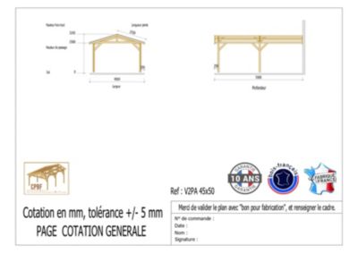 Carport adossé deux pentes 450cmx650cm bois DOUGLAS Français (Charpente en bois-auvent-abri voiture) 30m². Garantie 10 ans