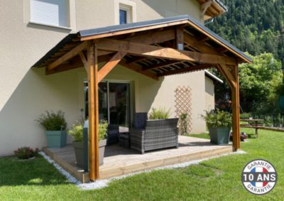 Carport adossé deux pentes 500cmx1050cm bois DOUGLAS Français (Charpente en bois-auvent-abri voiture) 53m². Garantie 10 ans