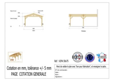 Carport adossé deux pentes 500cmx1050cm bois DOUGLAS Français (Charpente en bois-auvent-abri voiture) 53m². Garantie 10 ans