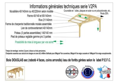 Carport adossé deux pentes 500cmx1050cm bois DOUGLAS Français (Charpente en bois-auvent-abri voiture) 53m². Garantie 10 ans
