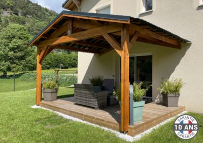Carport adossé deux pentes 500cmx1050cm bois DOUGLAS Français (Charpente en bois-auvent-abri voiture) 53m². Garantie 10 ans