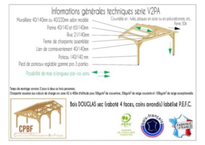 Carport adossé deux pentes 500cmx1050cm bois DOUGLAS Français (Charpente en bois-auvent-abri voiture) 53m². Garantie 10 ans