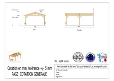 Carport adossé deux pentes 550cmx450cm bois DOUGLAS Français (Charpente en bois-auvent-abri voiture) 25m². Garantie 10 ans