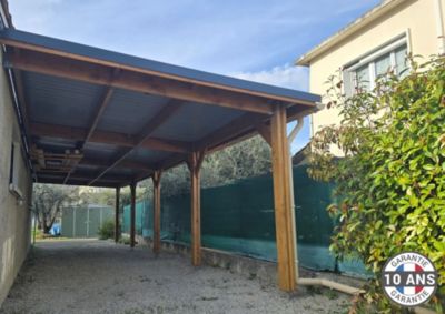 Carport adossé toit plat 350cmx1250cm, bois DOUGLAS Français (Charpente en bois-auvent-abri voiture) 44 m². Garantie 10 ans