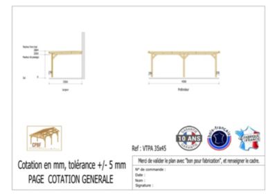 Carport adossé toit plat 350cmx450cm, bois DOUGLAS Français (Charpente en bois-auvent-abri voiture) 16 m². Garantie 10 ans