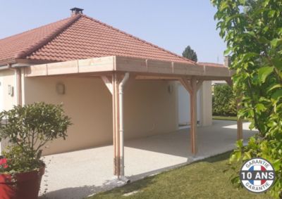 Carport adossé toit plat 350cmx700cm, bois DOUGLAS Français (Charpente en bois-auvent-abri voiture) 25 m². Garantie 10 ans