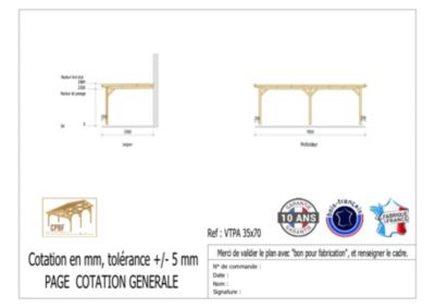 Carport adossé toit plat 350cmx700cm, bois DOUGLAS Français (Charpente en bois-auvent-abri voiture) 25 m². Garantie 10 ans