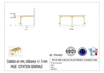 Carport adossé toit plat 400cmx550cm, bois DOUGLAS Français (Charpente en bois-auvent-abri voiture) 22 m². Garantie 10 ans