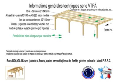 Carport adossé toit plat 400cmx550cm, bois DOUGLAS Français (Charpente en bois-auvent-abri voiture) 22 m². Garantie 10 ans