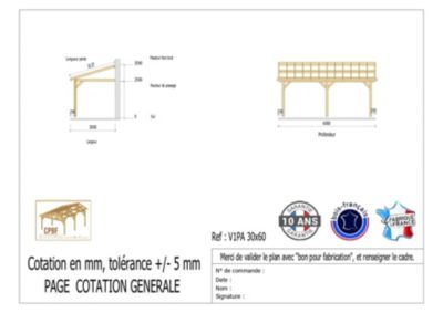 Carport adossé une pente 300cmx600cm, bois DOUGLAS Français (Charpente en bois-auvent-abri voiture) 18 m². Garantie 10 ans