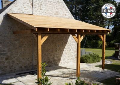 Carport adossé une pente 300cmx600cm, bois DOUGLAS Français (Charpente en bois-auvent-abri voiture) 18 m². Garantie 10 ans