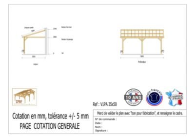 Carport adossé une pente 350cmx500cm, bois DOUGLAS Français (Charpente en bois-auvent-abri voiture) 18 m². Garantie 10 ans