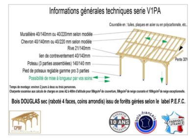 Carport adossé une pente 350cmx500cm, bois DOUGLAS Français (Charpente en bois-auvent-abri voiture) 18 m². Garantie 10 ans