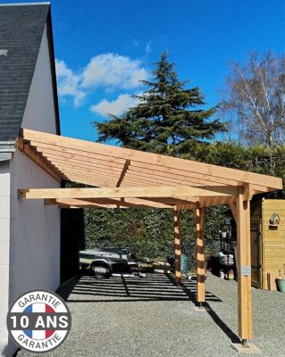 Carport adossé une pente 350cmx500cm, bois DOUGLAS Français (Charpente en bois-auvent-abri voiture) 18 m². Garantie 10 ans