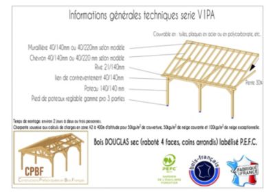 Carport adossé une pente 350cmx500cm, bois DOUGLAS Français (Charpente en bois-auvent-abri voiture) 18 m². Garantie 10 ans