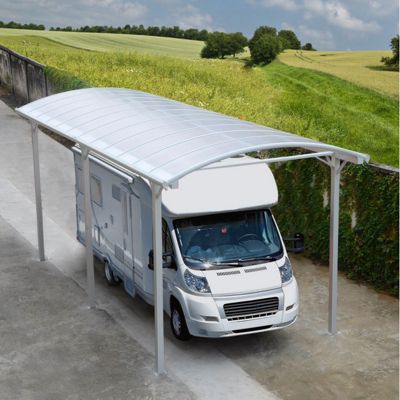 Carport aluminium blanc 3,60x7,62m pour camping-car, toiture polycarbonate 6mm X-Metal